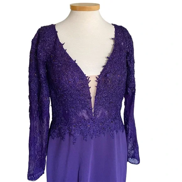 Mori Lee Madeline Gardner Gown Dress Sz 14 Purple Long Sleeve Sequins Lace Gala - Picture 3 of 16